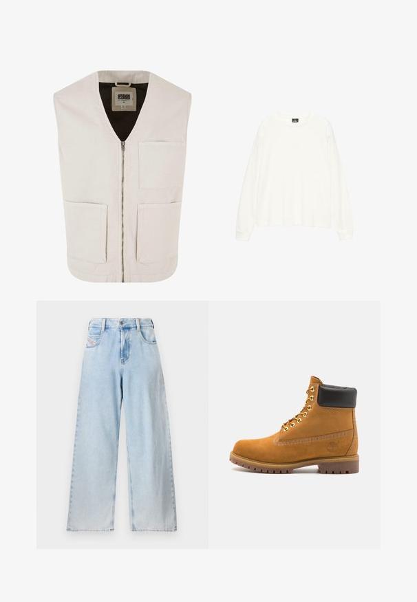 Svijetlosmeđi bezrukavnik s V-izrezom, prednjim patentnim zatvaračem i dve velike prednje džepove. Izrađen od organskog pamuka s glatkom teksturom.; Bijela košulja dugih rukava od mekanog materijala, s širokim okruglim izrezom i opuštenim krojem. Glatka tekstura s rebrastim rukavima.; Svijetloplave široke traperice s visokim strukom, vidljivim šavovima, prednjim džepovima i ravnim krojem do ruba.; Antracitne antilop čizme do gležnjeva s crnim podstavljenim ovratnikom, zlatnim metalnim rupicama, bijelim šavovima i robusnom gumenom potplatom s izraženim šarama.