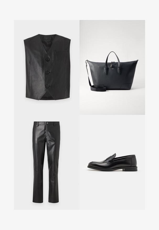 Czarna skórzana kamizelka z dekoltem w serek, z trzema guzikami z przodu i kieszenią na piersi. Gładka faktura i bezrękawnikowy krój.; Biała, długorękawowa termo-bluzka o prążkowanej fakturze, okrągły dekolt i mankiety z elastycznym wykończeniem. Czysty design bez wzorów ani dodatkowych akcentów.; Czarne skórzane spodnie o gładkiej teksturze, prostym kroju i subtelnym przeszyciu wzdłuż szwów. Posiadają zapięcie na guzik w talii.; Czarne skórzane mokasyny o gładkiej fakturze, zaokrąglonym nosku i dekoracyjnym pasku na przodzie. Niski, warstwowy obcas, minimalistyczny design.; Lancel CHARLIE UNISEX czarny