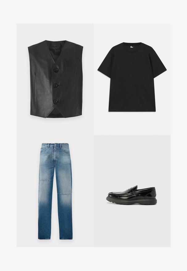Melnā ādas veste ar V veida kakla dizainu, kurai ir trīs priekšējie pogas un krūšu kabata. Gluda tekstūra un bez piedurknēm.; Melna īsām piedurknēm t-krekls, izgatavots no kokvilnas, ar apaļu kakla izgriezumu un mazu logotipa detaļu pie apakšmalas. Gluda tekstūra, standarta piegriezums.; Gai zilā denima džinsi ar taisnu kāju dizainu, nolietotu mazgāšanu un diviem horizontāliem šuvumiem. Iespējo piecas kabatas un pogu aizdari.; Melnas ādas loafers ar spīdīgu apdari, noapaļota pirksta forma, smalkas šuvju detaļas un bieza gumijas zole ilgstošai lietošanai.