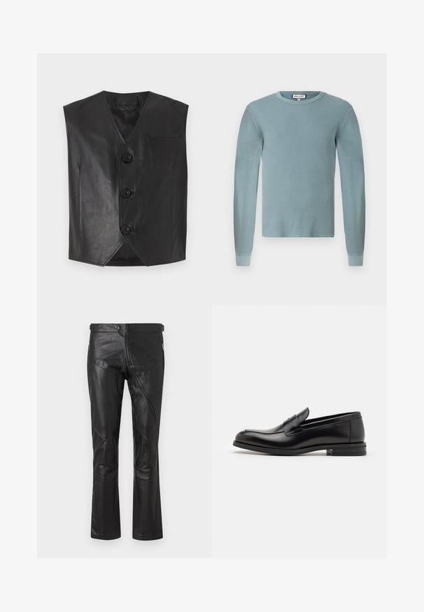 Juodas odinis liemenė su V formos iškirpte, turinti tris priekinėms mygtukams ir krūtinės kišenę. Sklandžiai tekstūruota ir be rankovių.; Šviesiai mėlynas ilgomis rankovėmis marškinėliai su išausta tekstūra ir apvaliu iškirpimu. Turi prigludusias rankogalius ir paprastą prekės ženklą etiketę ant apykaklės.; Juodi odiniai kelnių su tiesiu kirpimu, su užtrauktukais kišenėse, kelio pleistrais ir reguliuojamo liemens detalėmis. Lygus paviršius.; Juodos odinės loafers, turinčios lygų paviršių, apvalią noselę ir dekoratyvinę juostą per priekinę dalį. Žemas krentantis kulnas, minimalistinis dizainas.