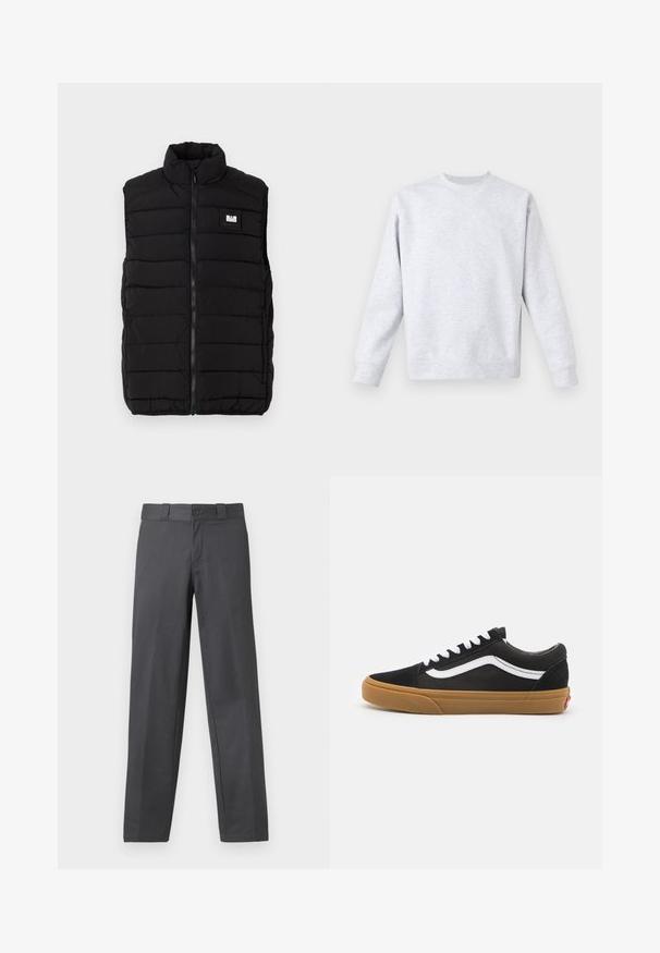 Black puffer vest with a high collar, featuring horizontal quilted pattern, front zipper closure, and a rectangular logo patch on the chest.; Light gray sweatshirt made of soft fabric, featuring a crew neck, long sleeves, and ribbed cuffs and hem. Minimalist design with no patterns.; Gray trousers made of smooth fabric, featuring a straight-leg design, button closure, and belt loops; minimal seams and no patterns.; Black suede sneakers with white side stripe, white laces, and gum rubber sole. Classic low-top design with textured accents and rounded toe.