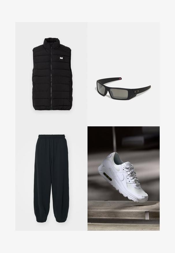 Juodas pūkuotas liemenė su aukštu apykakle, horizontalių siuvinėjimų raštu, priekyje su užtrauktuku ir stačiakampiu logotipo ženkleliu ant krūtinės.; Juodas medvilninis džemperis su apvalia iškirpte, ilgomis rankovėmis ir mažu baltu „Nike“ logotipu viršutinėje kairėje krūtinės pusėje.; Juodi, su elastiniu juosmeniu sportiniai kelnės su laisvu siluetu, suapvalintais kulkšnimis, lygia tekstūra ir be matomų raštų ar metalinių akcentų.; Baltos Nike Air Max 90 sportbačiai su.comi ir odos viršumi, perforuota pirštų dėžute ir matomu oro pagalvėle kulne.; Juodi akiniai saulės su matinio paviršiaus užbaigimu, stačiakampiai lęšiai, švelnus lenkimas ant šventyklų, subtilus logotipo detalizavimas ir dūminiai lęšiai.