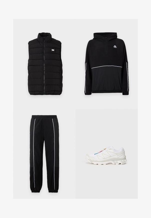 Black puffer vest with a high collar, featuring horizontal quilted pattern, front zipper closure, and a rectangular logo patch on the chest.; Black fleece sweatshirt with half-zip, hood, and white accent line. Logo printed on chest; features elastic cuffs and hem. Soft texture.; Black sweatpants with white side stripes, elastic waistband, and cuffs. Made from soft, textured fabric for comfort and flexibility.; White athletic shoe with textured mesh upper, reflective accents, and a cushioned sole. Notable brand logo on the side.