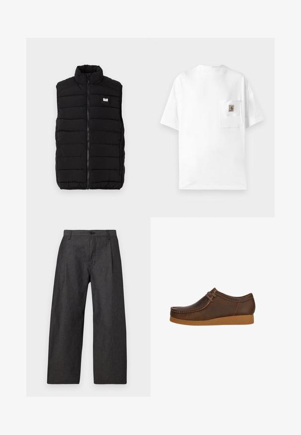 Chaleco acolchado negro con cuello alto, presenta un patrón de costura horizontal, cierre delantero con cremallera y un parche rectangular con el logo en el pecho.; Camiseta blanca de algodón con cuello redondo, mangas cortas y un bolsillo en el pecho que presenta un parche con logo. Diseño minimalista y textura sin costuras.; Pantalones de pierna ancha en gris oscuro, hechos de una tela texturizada. Presentan un cierre frontal con botón y dos bolsillos laterales. Diseño minimalista sin patrones.; Zapato de cuero marrón con punta redondeada y detalles cosidos, que presenta un cordón marrón y una suela de goma texturizada color beige.