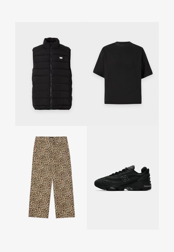 Svart puffervest med høy krage, med horisontalt quiltet mønster, glidelås foran og en rektangulær logo-patch på brystet.; Svart T-skjorte med korte ermer i en løs passform, laget av glatt bomull, med rund halsutskjæring og minimalistisk design.; YOURTURN UNISEX - Jeans relaxed fit - beige/black; Svarte atletiske joggesko med en teksturert overdel, med et fremtredende logo, tykk såle og subtile grå aksenter langs designet.