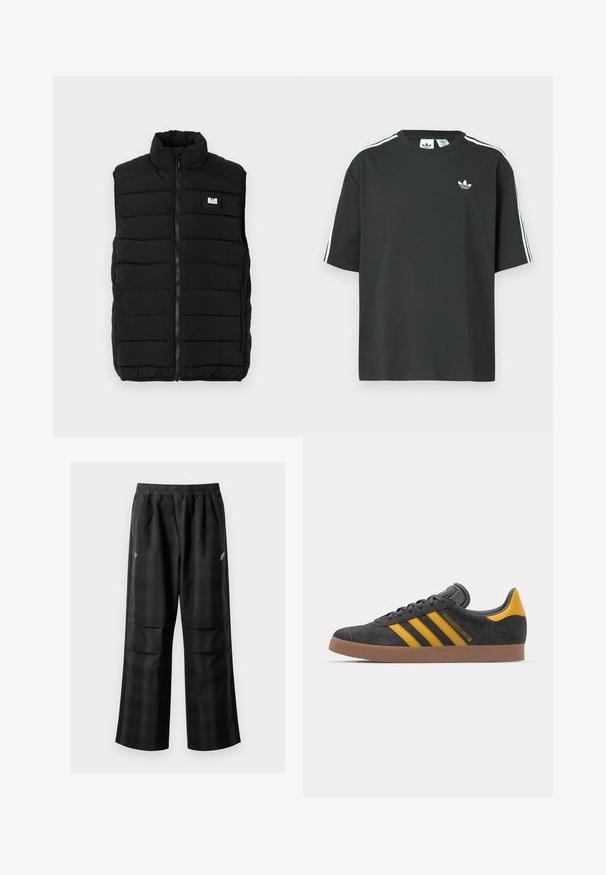 Černá péřová vesta s vysokým límcem, s horizontálním prošívaným vzorem, předním zapínáním na zip a obdélníkovou nášivkou s logem na prsou.; Černé bavlněné tričko s krátkými rukávy, kulatým výstřihem a bílými třemi pruhy na ramenou. Na hrudi je malá bílá logo.; Černé kostkované kalhoty s elastickým pasem, dvěma předními kapsami a volným střihem se rovnými nohavicemi. Vyrobeny z lehkého materiálu.; Černé semišové tenisky se žlutými akcenty, vybavené třemi pruhy a hnědou gumovou podrážkou. Obsahují polstrovaný jazyk pro pohodlí.