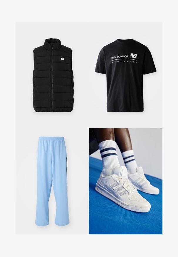 Schwarze Daunenweste mit hohem Kragen, ausgestattet mit einem horizontalen Steppmuster, einem Reißverschluss auf der Vorderseite und einem rechteckigen Logo-Patch auf der Brust.; Schwarzes Baumwoll-T-Shirt mit Rundhalsausschnitt, kurzen Ärmeln und weißen Textgrafiken "new balance" und "ATHLETICS" auf der Vorderseite.; Helle blaue Sporthosen aus glattem Stoff, mit einem elastischen Taillenbund und kontrastierenden schwarzen Seitenstreifen.; Weiße Leder-Sneaker mit perforierten Akzenten, drei metallischen Streifen und einem strukturierten Seitenpaneel. Getragen mit weißen Socken mit blauen Streifen.