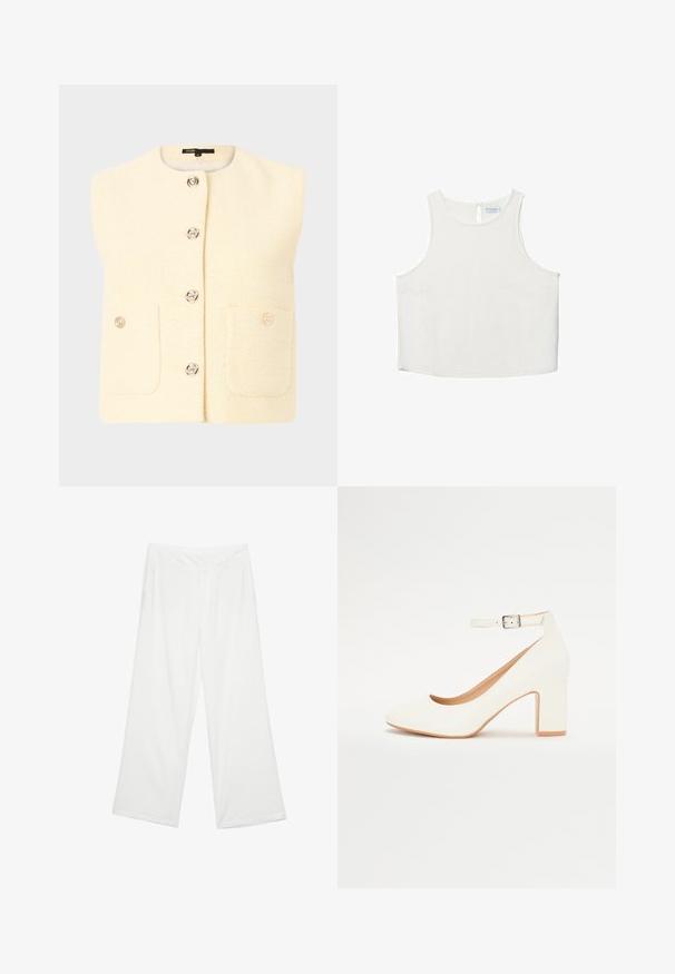 Ärmlös krämfärgad väst med ett strukturerat mönster, prydd med silverknappar och två framfickor. Enkel design med rund halsringning.; Vit ärmlös topp med rundad halsringning, featuring en subtil textur, detalj med nyckelhål i ryggen och rak nederkant.; Breda byxor i vitt material, med en slät yta, framfickor och en klassisk midja med bälteshål.; Vita högklackad sko med spetsig tå, blockklack och ankelrem. Slät yta med en subtil lyster och beige inredning.