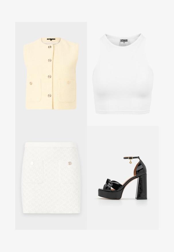 Canotta crema senza maniche con un motivo testurizzato, dotata di bottoni argento e due tasche frontali. Design semplice con scollatura rotonda.; Top corto bianco a costine con scollatura alta e design senza maniche. Realizzato in tessuto morbido e elasticizzato per un fit confortevole.; Gonna corta bianca con un motivo testurizzato, dotata di due tasche anteriori e bottoni decorativi in oro. Vita elastica per il comfort.; Maje Sandali con tacco - noir