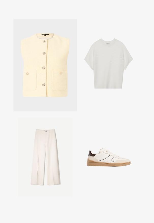 Ärmlös krämfärgad väst med ett strukturerat mönster, prydd med silverknappar och två framfickor. Enkel design med rund halsringning.; Vit kortärmad t-shirt med bred rund halsringning och texturerad ribbad mönster, tillverkad av mjukt material, med avslappnad passform och en ren design.; Krämfärgade byxor med vida ben och skräddarsydd design, med två framfickor och en enda knappstängning fram, tillverkade av ett smidigt tyg.; Stradivarius Sneakers - white