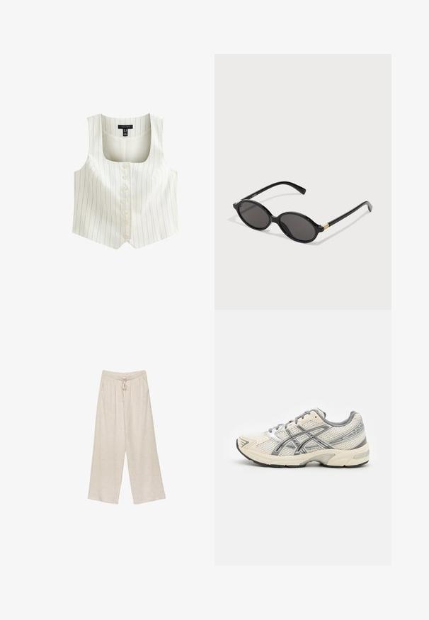 Vit ärmlös väst med blå lodräta ränder, rundad halsringning och sex knappar framtill. Slätt tyg med skräddarsydd passform.; Vit linne med ribbat mönster, rund halsringning, ärmlös design, figurnära passform, diskret logotyp på etiketten inuti halsringningen.; Beige linnebyxor med vida ben, featuring en dragsko i midjan, två sidofickor och ett något strukturerat tyg för andningsförmåga och komfort.; Löparskor med ett ventilerande vitt meshöverkvalitet, silverdetaljer, grå snören och en hållbar svart gummisula. Lättviktig och vadderad design.; Svarta ovala solglasögon med mörka linser, glänsande plastbåge och guldfärgade detaljer på bågarna.