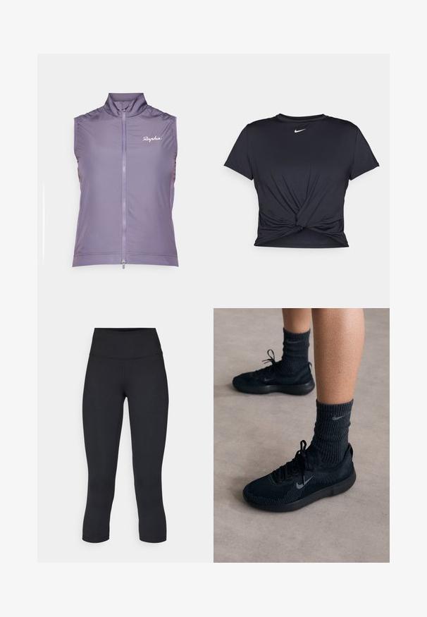 Rapha WOMENS CORE GILET - Strukirani kaput - dusted lilac/white; Crni trenirac s kratkim rukavima izrađen od glatkog materijala, s čvorastim dizajnom sprijeda i malim bijelim Nike logotipom na prsima.; Crne skraćene tajice od rastezljivog materijala, s visokim strukom i glatkom teksturom, bez vidljivih uzoraka ili dodataka.; Crne Nike tenisice s teksturiranim pletenim gornjim dijelom, sivi swoosh logo, uparene s tamnim rebrastim čarapama. Ravni gumeni potplat.