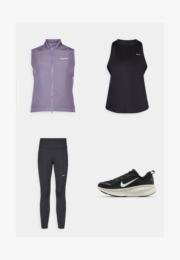 Rapha WOMENS CORE GILET - Weste - dusted lilac/white; Schwarzes ärmelloses Lauf-Tanktop aus leichtem Material mit Rundhalsausschnitt; verfügt über ein dezentes Logo und Seitenschlitze für Atmungsaktivität.; Schwarze Leggings aus elastischem Stoff, mit einem hohen Bund und einem weißen Nike-Logo auf dem linken Oberschenkel. Glatte Textur, figurbetontes Design.; Schwarzer Nike-Laufschuh mit atmungsaktivem Mesh-Obermaterial, weißem Swoosh-Logo, strukturierten Details und einer cremefarbenen ZoomX-Zwischensohle.