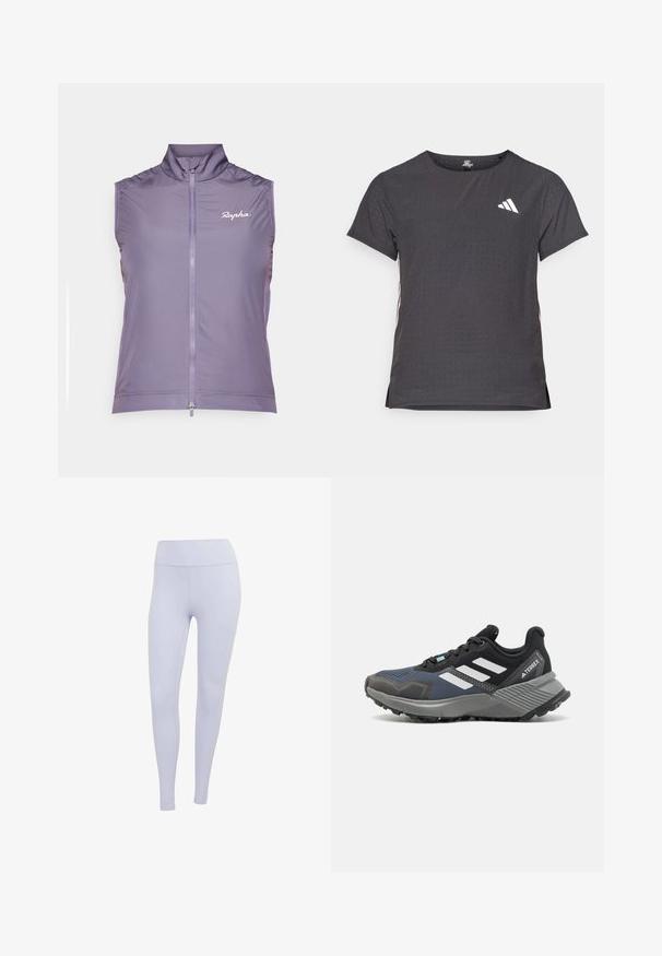 Rapha WOMENS CORE GILET - Mellény - dusted lilac/white; Rövid ujjú sport póló, sötétszürke perforált textúrával. Fehér logóval és kontrasztos oldalsávokkal rendelkezik. Kerek nyakkal.; Világoslila leggingsek, rugalmas anyagból. Magas derékú dizájn, sima textúrával, látható varrások vagy minták nélkül.; Sportcipő hálós felsőrésszel, fekete és kék árnyalatokban. Fehér csíkokkal, szürke gumitalppal és texturált középtalppal a tapadás érdekében.