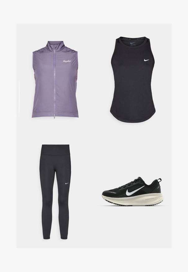 Rapha WOMENS CORE GILET - Waistcoat - dusted lilac/white; Black athletic tank top made from moisture-wicking material. Features a round neckline, slim fit, and white Nike logo on the chest.; Black leggings made of stretchy fabric, featuring a high waistband and a white Nike logo on the left thigh. Smooth texture, form-fitting design.; Black Nike running shoe with breathable mesh upper, white swoosh logo, textured detailing, and a cream-colored ZoomX midsole.
