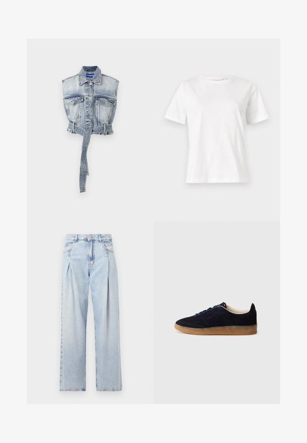 Denim prsluk u svijetloplavoj boji s bezrukavim dizajnom, prednjim džepovima, kopčanjem na dugmad i pojasom s frakastim rubom. Oznaka branda je vidljiva.; Bijela pamučna majica s kratkim rukavima, okruglim izrezom i opuštenim krojem. Glatka tekstura, bez uzoraka ili akcenata, minimalistički dizajn.; Svijetloplavi traperice s visokim strukom, širokim krojem, dva bočna džepa i naboranim dizajnom. Mekana tekstura s izblijedjelim završetkom.; Tamnoplava brušena tenisica s gumenim potplatom boje gume, plavim vezicama i minimalističkim dizajnom. Ima ulegnuti logo sa strane i glatku unutarnju oblogu.