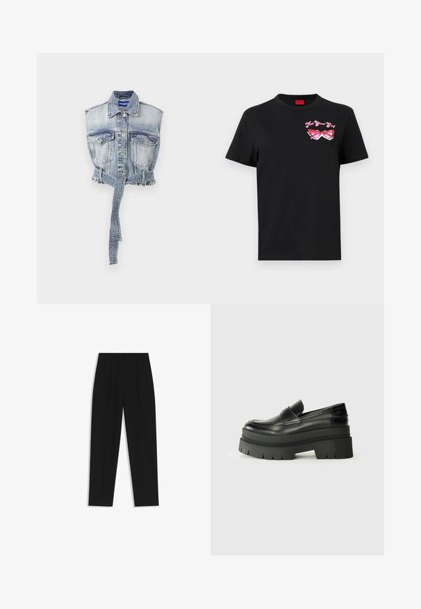 Jeansweste in Hellblau mit ärmellosem Design, Fronttaschen, Knopfverschluss und einem taillierten Bund mit ausgefranstem Saum. Markenlabel ist sichtbar.; Schwarzes Baumwoll-T-Shirt mit kurzen Ärmeln, das auf der linken Brustseite eine pinkfarbene Grafik von Sonnenbrillen und den Text "Not Your Girl" zeigt.; Schwarze Hose mit geradem Schnitt, doppelten Falten, einer glatten Textur und einem klassischen Bunddesign. Keine sichtbaren Beschläge oder Akzente.; Schwarze Lederloafer mit einer klobigen Plateausohle. Abgerundete Spitze, Nahtdetail auf der Vorderseite und dezente Nähte. Flache, strukturierte Außensohle.