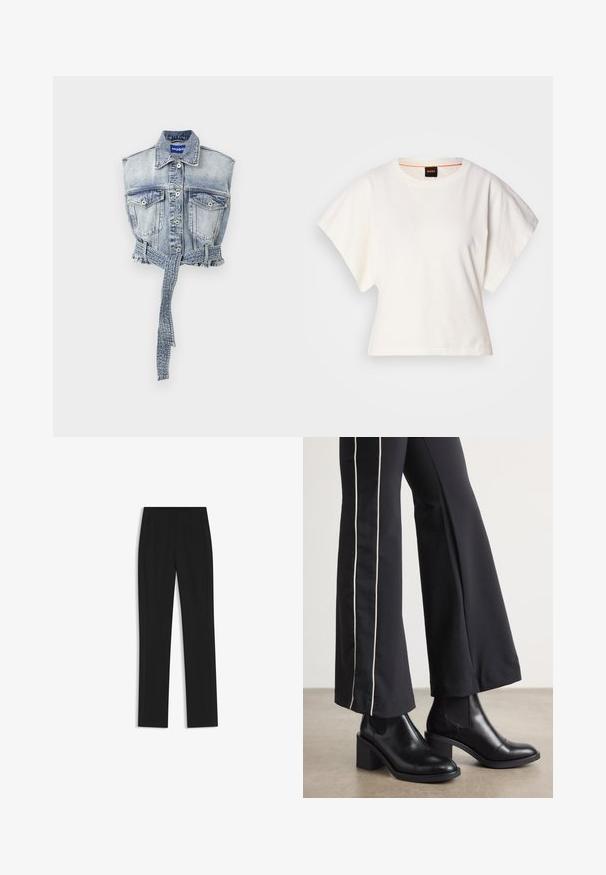 Denim vest in light blue with sleeveless design, front pockets, button closure, and a belted waist featuring a frayed hem. Brand label is visible.; White cropped T-shirt, short wide sleeves, soft cotton material, round neckline with subtle orange trim, minimal design, no patterns or graphics.; Black tailored trousers with a straight-leg design, featuring front pockets and a smooth, textured fabric. Neat, minimal detailing.; Black leather ankle boots with a block heel, featuring elastic side panels. Paired with black pants that have a white side stripe.