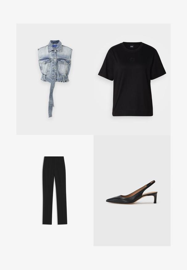 Jeansweste in Hellblau mit ärmellosem Design, Fronttaschen, Knopfverschluss und einem taillierten Bund mit ausgefranstem Saum. Markenlabel ist sichtbar.; Schwarzes Baumwoll-T-Shirt mit Rundhalsausschnitt, kurzen Ärmeln und aufgesticktem Logo auf der Brust. Einfacher, lässiger Schnitt ohne Muster.; Schwarze maßgeschneiderte Hose mit geradem Bein, ausgestattet mit Fronttaschen und einem glatten, strukturierten Stoff. Saubere, minimale Details.; Schwarze Leder-Slingback-Pumps mit spitzer Zehenform, niedrigem Absatz und glatter Textur. Verfügt über einen dünnen, verstellbaren Riemen für einen sicheren Sitz.