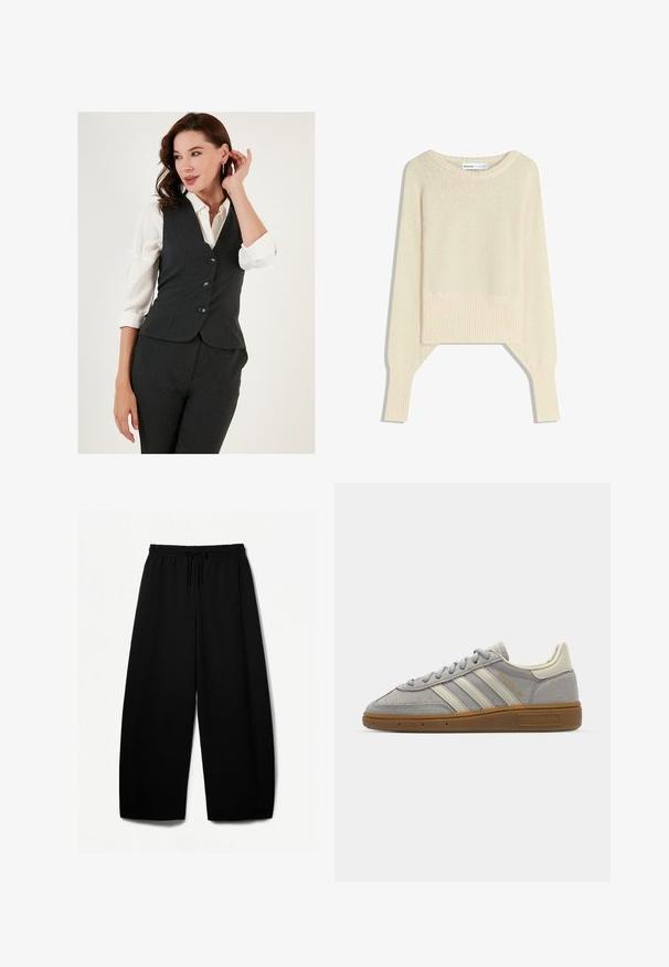 Sivi žaket napravljen od krojenog materijala s uskim krojem, s tri crna dugmeta, uparen s bijelom košuljom s kragnom.; Svetra v svetlem bež odtenku, skrajšanega kroja, izdelana iz mehke pletene tkanine, ima širok izrez, spuščena ramena ter rebraste manšete in spodnji rob.; Črne široke hlače z elastičnim pasom in vrvico. Mehak material z gladko teksturo. Ravno krojene z bočnimi šivi.; Sive športne copate iz semiša z svetlosivimi usnjenimi črtami in gumijastim podplatom. Značilnosti vključujejo vezalni sistem in subtilno blagovno oznako na jezičku.
