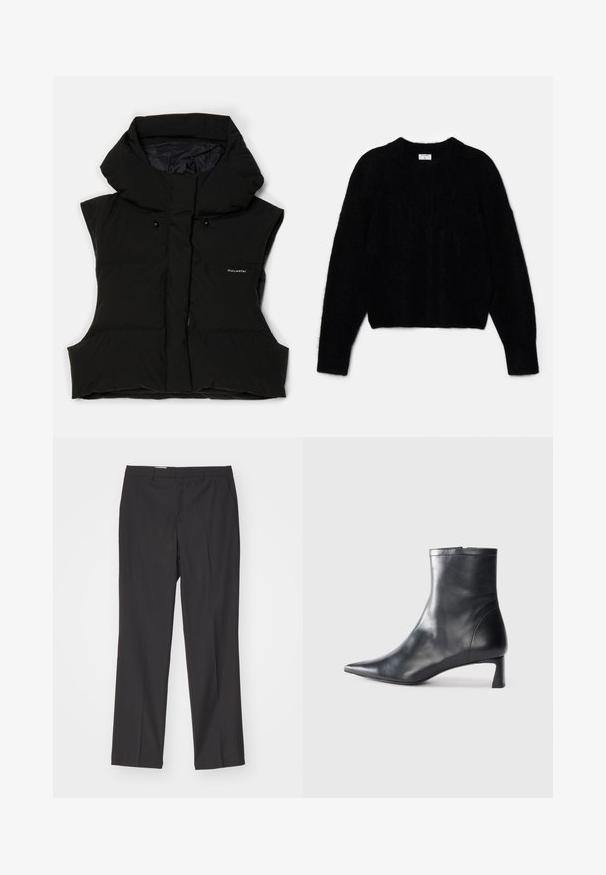 Must must vest kõrge kaelusega, ilma varrukateta disain, ees tõmblukk ja logo detailid. Materjalil on sile viimistlus ja veidi läikiv tekstuur.; Must beebi, mis on tehtud karvase materjali jaoks. Omab ümarat kaelust ja pikki varrukaid, millel on pehme tekstuur. Minimalistlik disain, ilma mustriteta.; Mustad ülikondpüksid sirge jala lõikega, featuring vööloopidega ja siledast tekstuurist, valmistatud kergest kangast.; Mustad mustall nahkasaabas terava nina ja stiilse disainiga. Omab madalat konts ja luku sulgemist taga. Sile tekstuur.