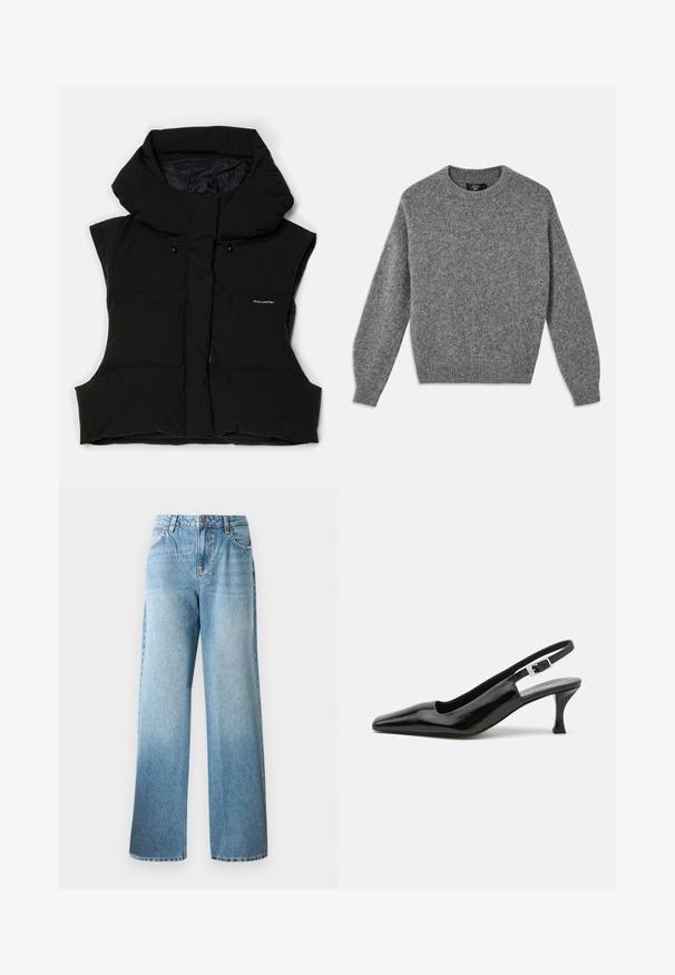 Svart vadderad väst med hög krage, ärmlös design, framdragkedja och logodetaljer. Materialet har en slät yta och en något glansig textur.; Grå ulltröja med rundad halsringning, långa ärmar och ribbade manschetter. Texturen är mjuk och fluffig, med ett enhetligt mönster.; Ljust blå denimjeans med en lös passform, raka ben och subtila utsmyckningar. Har en traditionell femfickdesign och bältesöglor.; Svarta lack slingback högklackade skor med spetsig tå och en silverdetalj vid hälen, med en jämn, glansig yta.