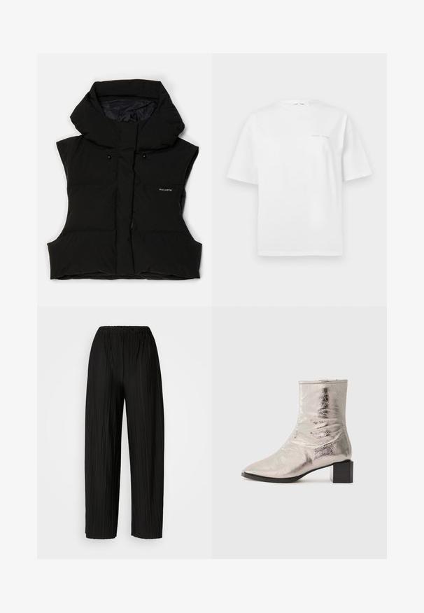Black padded vest with a high collar, sleeveless design, front zip, and logo detailing. Material has a smooth finish and slightly glossy texture.; White cotton t-shirt with short sleeves, round neck, and minimal gray logo detail on the front. Smooth texture, regular fit.; Black pleated wide-leg pants with an elastic waistband. The fabric features vertical pleats and a smooth texture.; Metallic silver ankle boot with a pointed toe and block heel. Smooth texture, sleek design, and minimalistic stitching detail.