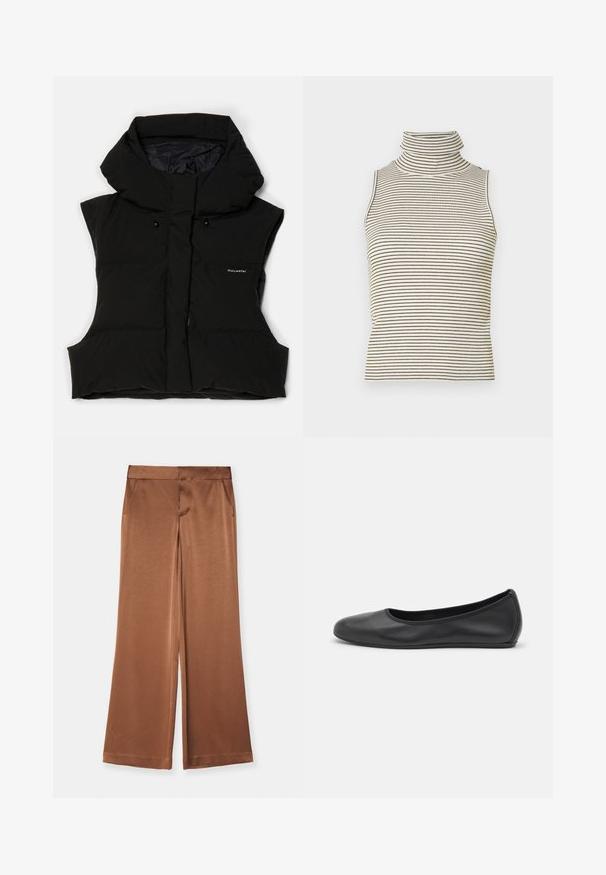 Juodas paminkštintas liemenė su aukštu apykakle, be rankovių dizainu, priekiu užtraukiama užtrauktuku ir logotipo detalėmis. Medžiaga turi lygų paviršių ir šiek tiek blizgų tekstūrą.; Bele gydimo viršus be rankovių su vertikaliomis juodai baltomis juostomis, pagamintas iš tekstūruoto mezgimo audinio, turintis aukštą, prigludusią apykaklę.; Rudos platūs kelnės, pagamintos iš satino, su šoninėmis kišenėmis, lygia tekstūra ir pritaikyta liemens juosta, užtikrinančia struktūrizuotą prigludimą.; Juodai odiniai baletai su apvaliu pirštu, lygi texture, minimalus siuvimo detales ir lanksčiu padų dizainu.