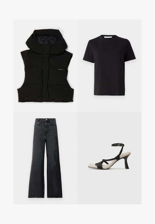 Svart polstret vest med høy krage, ermeløs design, frontglidelås og logo detaljering. Materialet har en glatt overflate og lett blank tekstur.; Svart kortermet t-skjorte laget av myk bomull, med rund hals, avslappet passform og en jevn tekstur. Ingen synlige mønstre eller grafikk.; Sorte denim bellbottom bukser med høy midje, med metallknapp-lukking, frontlommer og subtil falming på stoffet.; Sorte helårs sandaler med flettet stroppesdesign, firkantet tå og justerbar ankelrem. Lys beige fotseng med glanset svart hæl.