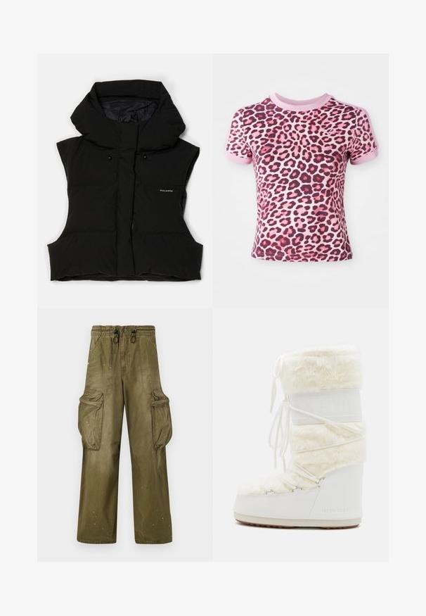 Black padded vest with a high collar, sleeveless design, front zip, and logo detailing. Material has a smooth finish and slightly glossy texture.; Pink leopard print t-shirt with short sleeves, featuring a rounded neckline and contrasting pink cuffs, made from soft, stretchy material.; Olive green cargo pants with a relaxed fit, elastic waistband, drawstring, two side pockets, and two large cargo pockets. Light distressing.; White Moon Boot with faux fur upper, lace-up front, and rubber sole. Textured finish and embossed logo on side. Chunky, padded design.