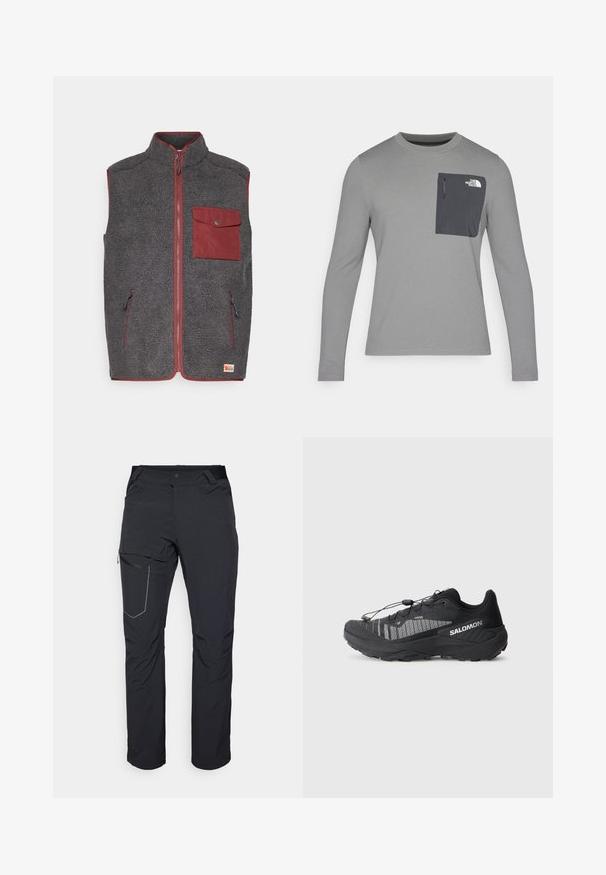 Fleecevest i mørkegrå med røde detaljer, med en frontlomme, to sidelommer og høy krage. Mykt, teksturert overflate.; Langermet grå skjorte med strukturert stoff, med en mørk grå brystlomme og glidelås. Logo på lommen i hvitt.; Svart utendørsbukser med en glidelåslomme på låret, elastisk midje og glatt, vannavstøtende stoff. Renslig design uten synlige logoer.; Svart terrengløpesko med teksturert mesh-overdel, reflekterende detaljer, polstret såle og elastisk snøresystem. Logo på siden.