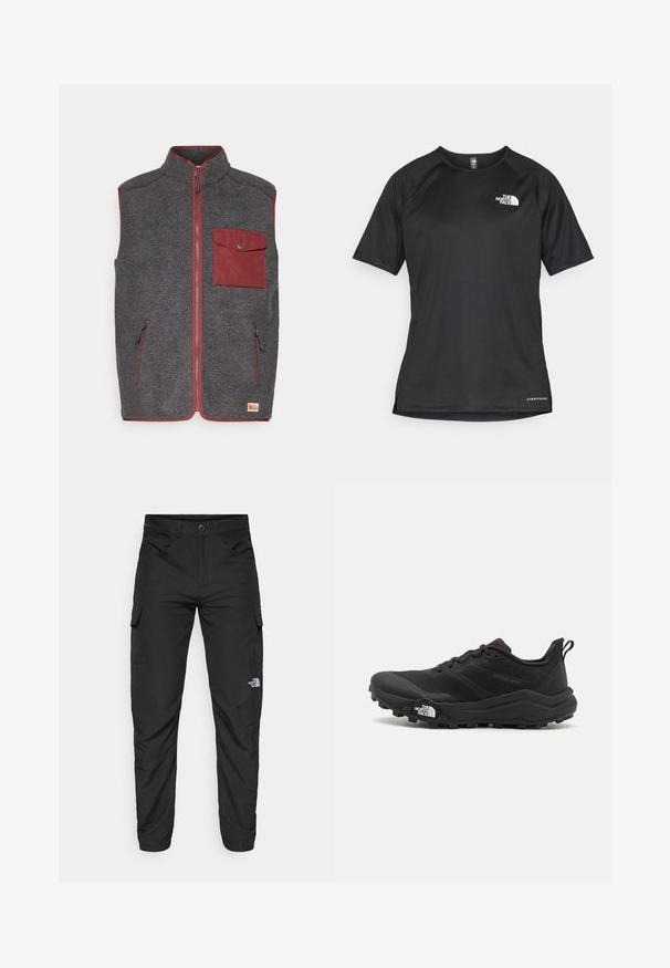 Fleece jopica v temno sivi barvi z rdečimi detajli, ki ima sprednji žep, dva stranska žepa in visok ovratnik. Mehka, teksturirana površina.; Črna kratko rokavna športna majica iz teksturirane tkanine, z belim logotipom na levem prsnem delu in ravnim robom.; The North Face HORIZON PANT - Hlače za na prostem - black; Črne tekaške čevlje za trail s teksturirano zgornjega dela, gumijastim podplatom in ojačanim zaključkom prstov. Vključuje oblazinjen ovratnik in zanko za enostavno obuvanje.
