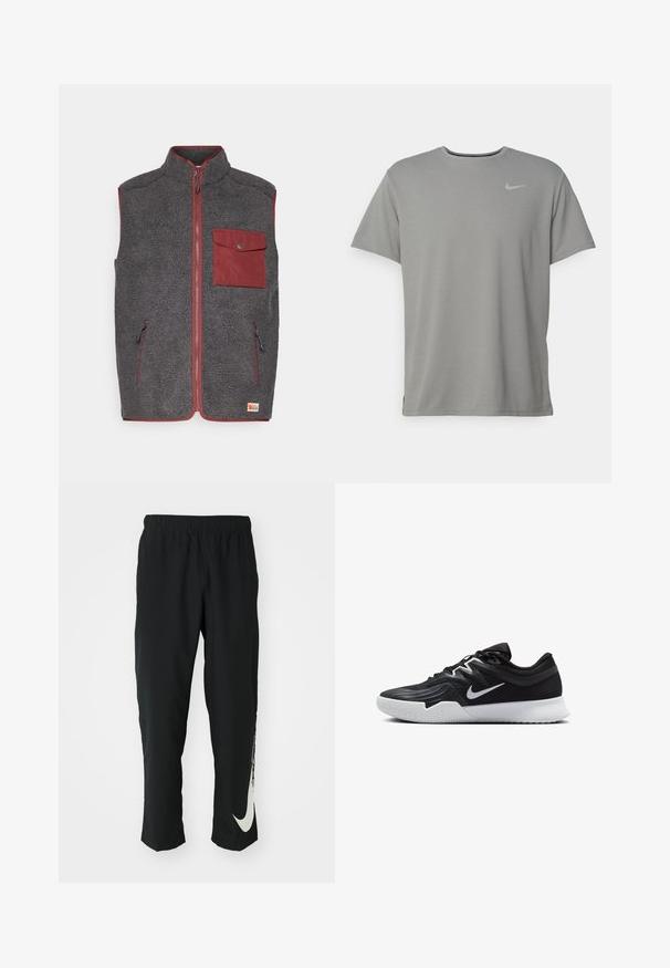 Γούνινη γιλέκο σε σκούρο γκρι με κόκκινη περιφέρεια, διαθέτοντας μια μπροστινή τσέπη, δύο πλάγιες τσέπες και ψηλό γιακά. Μαλακή, υφασματική επιφάνεια.; Γκρίζο μπλουζάκι Nike με κοντά μανίκια, στρογγυλή λαιμόκοψη και μικρό ασημί λογότυπο στην αριστερή πλευρά του στήθους. Κατασκευασμένο από μαλακό, ελαφρύ ύφασμα.; Μαύρο αθλητικό παντελόνι με ελαστική μέση, σχεδίαση που στενεύει, με ένα μεγάλο λευκό λογότυπο Nike στο αριστερό πόδι. Λεπτό, ελαφρύ ύφασμα.; Μαύρο αθλητικό παπούτσι με υφή στο επάνω μέρος, λευκό σήμα Nike και λευκή καουτσούκ σόλα. Διαθέτει σχέδιο με κορδόνια και δυναμικό σχήμα.