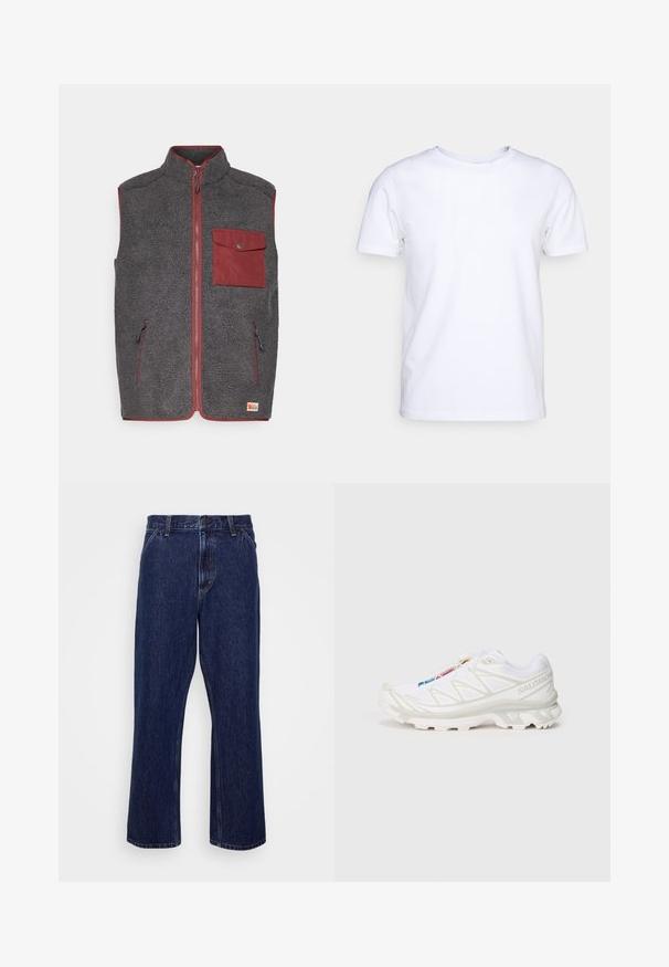 Prsluk od flisa u tamno sivoj boji s crvenim detaljima, s prednjim džepom, dva bočna džepa i visokim ovratnikom. Mekana, teksturirana površina.; Bijela majica kratkih rukava od pamučnog materijala s okruglim izrezom. Jednostavan dizajn bez uzoraka ili naglasaka. Glatka tekstura.; Tamno plave traperice s ravnim nogavicama, s kopčanjem na gumb, pet džepova i suptilnim detaljima šivanja.; Bijela atletska obuća s teksturiranim mrežastim gornjim dijelom, reflektirajućim detaljima i podstavljenim potplatom. Značajan logo brenda sa strane.