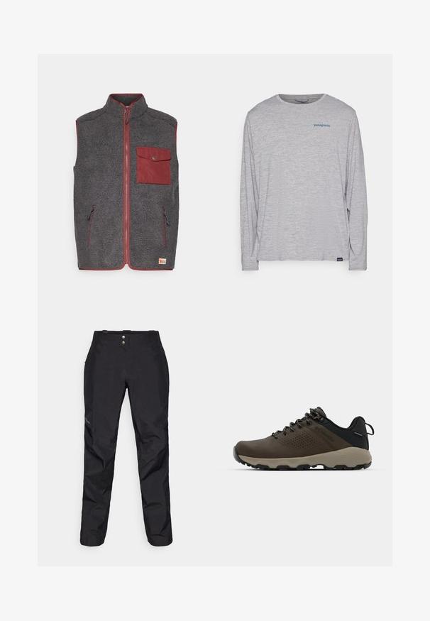 Gilet en polaire gris foncé avec des bordures rouges, comprenant une poche avant, deux poches latérales et un col haut. Surface douce et texturée.; T-shirt à manches longues gris clair en tissu doux et texturé. Il présente un col rond et un petit logo Patagonia bleu sur la poitrine.; Pantalons noirs imperméables avec une texture lisse, dotés de deux boutons à l'avant et d'un design de jambe fuselée. Accentués par un logo sur le côté.; Baskets imperméables marron avec une tige texturée, des accents perforés, un support de talon noir et une semelle en caoutchouc grise. Les lacets sont ornés d'embouts métalliques.