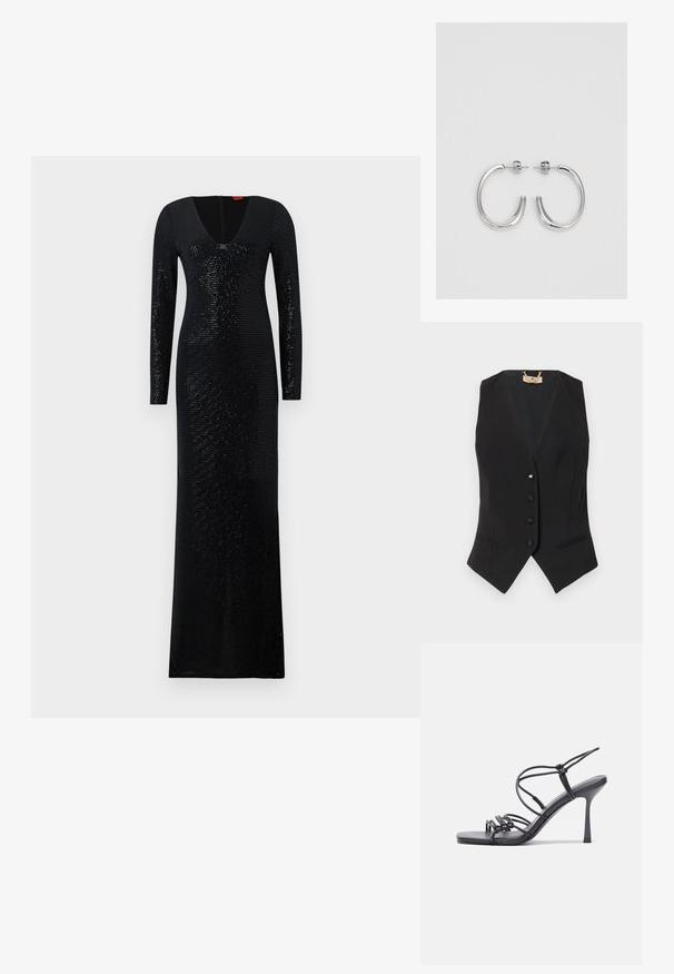 Črn brezrokavnik z obliko v izrezom v obliki V, zapiranje s petimi gumbe, stranskimi žepi in subtilno črtno zasnovo. Gladko blago z strukturiranim fit.; Dolga črna obleka z V-izrezom in dolgimi rokavi. Izdelana iz teksturirane tkanine z navpičnimi črtami in sijočimi bleščicami po vsej površini.; Črne visoke sandale na peto imajo tanke naramnice z vozlom, gladek kvadratni toe in eleganten stiletto peto.; Svetlo siva kovinska torbica z verižnim ročajem, okrašena z majhnimi okroglimi kovinskimi bleščicami in trikotnim logotipom blagovne znamke.; Srebrne obročaste uhane z gladko, sijočo površino. Zaobljena oblika, lahka zasnova, z zapiranjem na zatič.