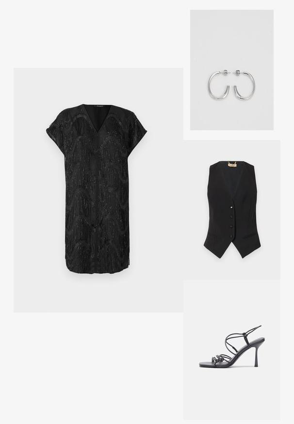 Mustaton hihaton liivi v-päällä, jossa on viiden napin suljenta, sivutaskut ja huomaamattomat raidoitukset. Sujuva kangas ja rakenteellinen istuvuus.; Mustapuku, jossa on V-aukko ja lyhyet hihat, jossa on teksturoitu muotoilu hohtavista pystysuunnista fringejä aaltoilevissa kuvioissa.; Mustat korkokengät sandaalit, joissa on ohuet hihnat solmittuna, sileä neliön muotoinen varvasosa ja tyylikäs stiletto-korko.; Vaalea harmaa metallinen käsilaukku, jossa on ketjusanka. Laukku on koristeltu pienillä pyöreillä metallikoruilla ja kolmion muotoisella brändilogolla.; Hopehopeet hopehopeet hopehopeet hopehopeet, jolla on sileä, kiiltävä pinta. Pyöreä muoto, kevyt rakenne, jossa on neulakiinnitys.