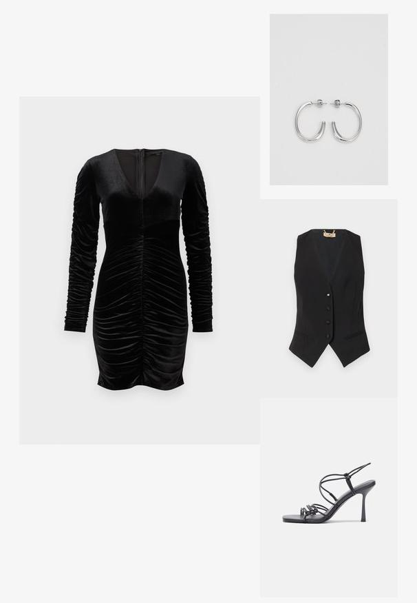 Crni bezrukavnik s V-izrezom, zatvaranjem na pet dugmadi, bočnim džepovima i suptilnim prugama. Glatka tkanina s oblikovanim krojem.; Crna baršunasta haljina s dugim napuhanim rukavima, dubokim V-izrezom i naboranim detaljima sprijeda. Patentoski zatvarač na stražnjoj strani. Glatka tekstura.; Crne sandale na visokoj potpetici imaju tanke trake s čvorastim dizajnom, glatki kvadratni vrh i elegantnu stiletto petu.; Svijetlosivi metalik ruksač s lancem, ukrašen malim okruglim metalnim zakovicama i trokutastim logotipom marke.; Srebro naušnice u obliku prstena s glatkom, sjajnom završnom obradom. Zaobljenog oblika, laganog dizajna, s kopčom na poleđini.