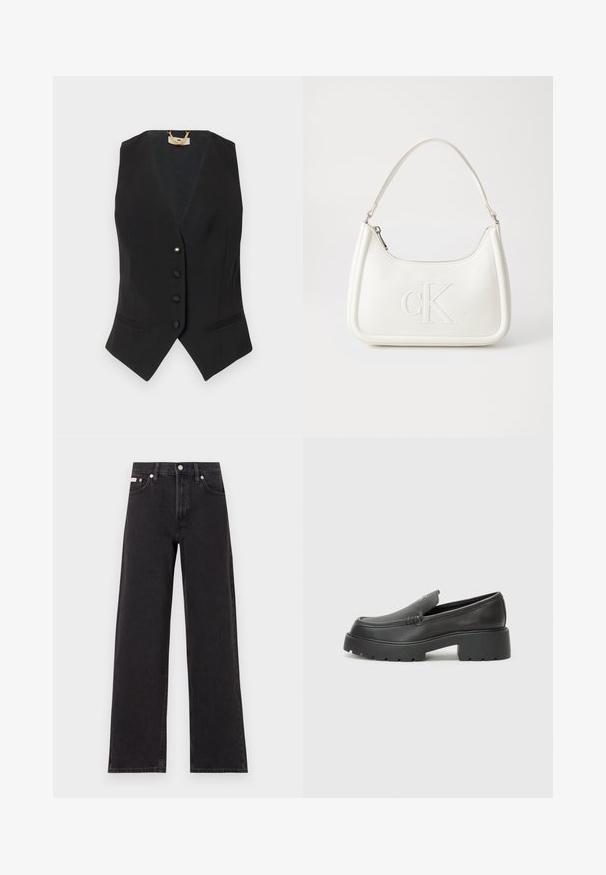 Schwarze ärmellose Weste mit V-Ausschnitt, fünf Knopfverschluss, Seitentaschen und dezenten Nadelstreifen. Glattes Gewebe mit strukturiertem Schnitt.; Schwarzes Baumwoll-T-Shirt mit Rundhalsausschnitt, kurzen Ärmeln und blau gesticktem "Calvin Klein JEANS"-Logo auf der Vorderseite.; Schwarze weit geschnittene Jeans aus Denim mit einem hoch sitzenden Bund, fünf Taschen und einem Metallknopfverschluss mit kontrastierendem Nähte.; Schwarze Lederloafer mit einer abgerundeten Spitze, dicker strukturierten Laufsohle und minimalen Nähten. Schlankes Design ohne sichtbare Schnürsenkel oder Beschläge.; Weiße Lederhandtasche mit abgerundeter Form, ausgestattet mit einem geprägten "CK"-Logo auf der Vorderseite und einem Einzel-Schultergurt. Reißverschluss oben.