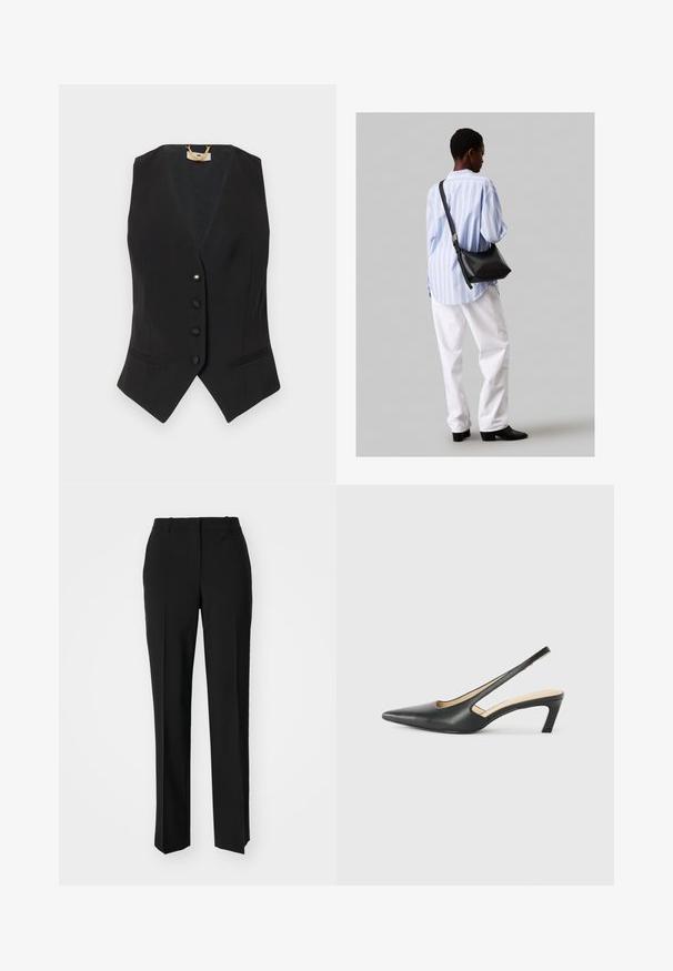 Juodas be rankovių liemenė su V formos iškirpte, penkių mygtukų užsegimu, šoninėmis kišenėmis ir subtiliais dryžiais. Lygus audinys su struktūrizuota forma.; Baltas trumpas marškinėliai, plačios trumpomis rankovėmis, minkšta medvilnė, apvali kaklo iškirptė su subtiliu oranžiniu apvadu, minimalus dizainas, be raštų ar grafikų.; Juodi pritaikyti kelnių modeliai su tiesiomis kojomis, pasižyminčios lygiomis tekstūromis ir ryškiomis klostėmis priekyje. Nėra matomų detalių.; Juodas smailus slingback batelis su žemu kulnu, pagamintas iš lygaus odos paviršiaus ir su išpjovomis šone, užtikrinančiomis oro pralaidumą.; Juodas odinis petinis krepšys su minkšta tekstūra, trikampiu pavidalu ir reguliuojama juosta, derinamas su šviesiai mėlynu dryžuotu marškinėliu ir baltais džinsais.