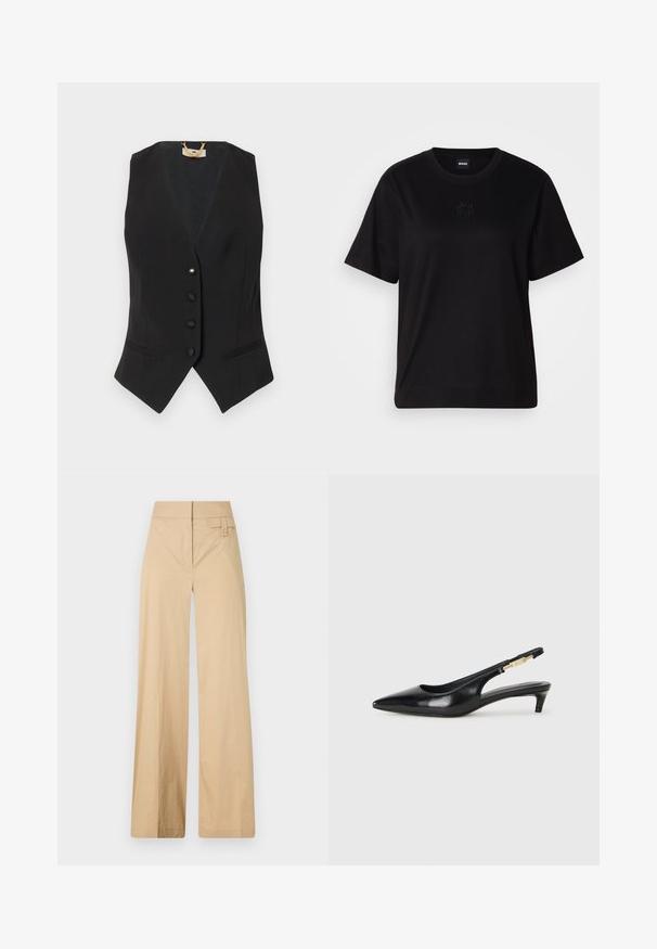 Svart ermeløs vest med V-hals, fem knapper, sidelommer og subtile striper. Glatt stoff med en strukturert passform.; Svart bomull T-skjorte med rund hals, korte ermer og et brodert logo på brystet. Enkel, avslappet passform uten mønstre.; Beige vidje bukser laget av bomullsblandingsmateriale. Har en jevn tekstur, elastisk midjebånd og en sideknappdetalj.; Sorte lærreim hæler med spiss tå, som har en slank hæl og en gullfarget detalj på den justerbare stroppen. Glatt tekstur.