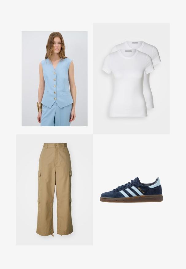 Modrý bezrukávový svetr s výstřihem do V, se pěti zlatými knoflíky a dvěma předními kapsami, v kombinaci s odpovídajícími kalhotami. Hladká textura látky.; Dvě bílé bavlněné trička s krátkým rukávem, kulatým výstřihem a přiléhavým střihem, s hladkou texturou a minimalistickým designem.; Béžové cargo kalhoty s vysokým pasem, širokými nohavicemi a čtyřmi velkými bočními kapsami. Vyrobené z odolné tkaniny s hladkým povrchem a minimálními detaily.; Námořnické modré semišové tenisky Adidas s světle modrými pruhy, gumovou podrážkou, světle modrým patním poutkem a zlatým nápisem "Spezial" na boku.
