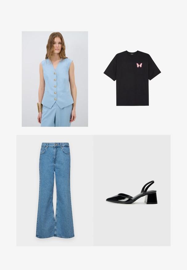 Niebieska kamizelka bez rękawów z dekoltem w serek, z pięcioma złotymi guzikami i dwiema przednimi kieszeniami, w zestawie ze spodniami w tym samym kolorze. Gładka tekstura materiału.; Czarny bawełniany t-shirt z krótkim rękawem, z małym różowym motylkiem na lewej piersi. Klasyczny dekolt z luźnym fasonem.; Jasnoniebieskie dzwony z denimu, z wysokim stanem, pięcioma kieszeniami i zapięciem na jeden guzik. Miękka tekstura z wyblakłym wykończeniem.; Czarne lakierowane półbuty na obcasie z wydłużonym noskiem i geometrycznym słupkiem. Charakteryzują się eleganckim, minimalistycznym designem oraz gładką fakturą.