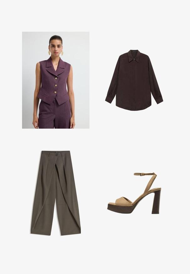 Gilet senza maniche viola con colletto a punte, cinque bottoni dorati e due tasche frontali, realizzato in tessuto testurizzato.; Camicia a maniche lunghe in tessuto marrone scuro con colletto a punta, chiusura anteriore con bottoni e orlo dritto. Texture liscia e fitting morbido.; Pantaloni a gamba larga realizzati in un tessuto testurizzato grigio scuro. Presentano una piega frontale, chiusura con bottone e tasche laterali per praticità.; Sandali con tacco alto in suede beige, con una larga fascetta anteriore e una fascetta alla caviglia, dotati di un tacco blocco in legno spesso con una finitura testurizzata.