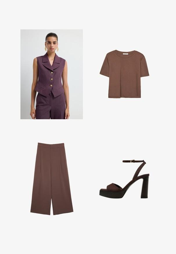Ermeløs lilla vest med en klippet krave, fem gyldne knapper og to forlommer, lavet af tekstureret stof.; Brun kortærmet t-shirt lavet af blødt stof, med rund halsudskæring og afslappet pasform. Ingen synlige mønstre eller detaljer.; Brune bredbunde bukser med en glat tekstur, der har høj talje og plisseringer foran. Stoffet er let og falder løst.; Brune ruskinds højhælede sandal med åben tå, justerbar ankelrem og en stribet plade sål.