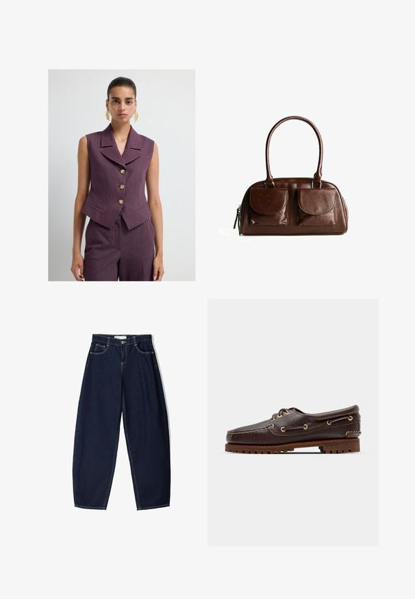 Ermeløs lilla vest med en klippet krave, fem gyldne knapper og to forlommer, lavet af tekstureret stof.; Simpel hvid t-shirt med korte ærmer og rund halsudskæring, slim fit, præsenteret fladt mod en hvid baggrund.; Langærmet ternet skjorte i sort og hvid, med en knap-down krave og en buet kant. Inkluderer et lille logo på brystet.; Mørkeblå denimbukser med løs pasform, der har fem lommer, kontrasterende syninger og lynlåslukning foran.; Brune læder bådsko med gyldne øjer, runde snørebånd og en struktureret brun gummisål. Har quiltede detaljer og et forhøjet logo.; Brun læderhåndtaske med to frontklaplommer, runde håndtag og en lynlås på siden mod en hvid baggrund.