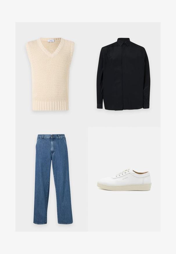 Kreminės spalvos megztas liemenė su V formos iškirpte ir be rankovių dizainu. Pasižymi tekstūruotu raštu ir raštuota apatine dalimi, suteikiančia struktūrišką išvaizdą.; Juodas ilgas rankovėmis marškinėliai, pagaminti iš lygios medžiagos, su klasikiniais apykaklėmis, mygtukų užsegimu ir laisvu kirpimu su užlenktomis rankovėmis.; Plati blauros džinsai su mygtukų užsegimu, priekinėmis kišenėmis ir klasikinės tiesios formos su išblukusiu paviršiumi.; Balti odiniai sportbačiai su tekstūriniu paviršiumi, apvaliu kojų pirštu, smėlio spalvos guma ir šešiomis pilkomis raištelių akytėmis, su subtiliu ženklinimu šone.