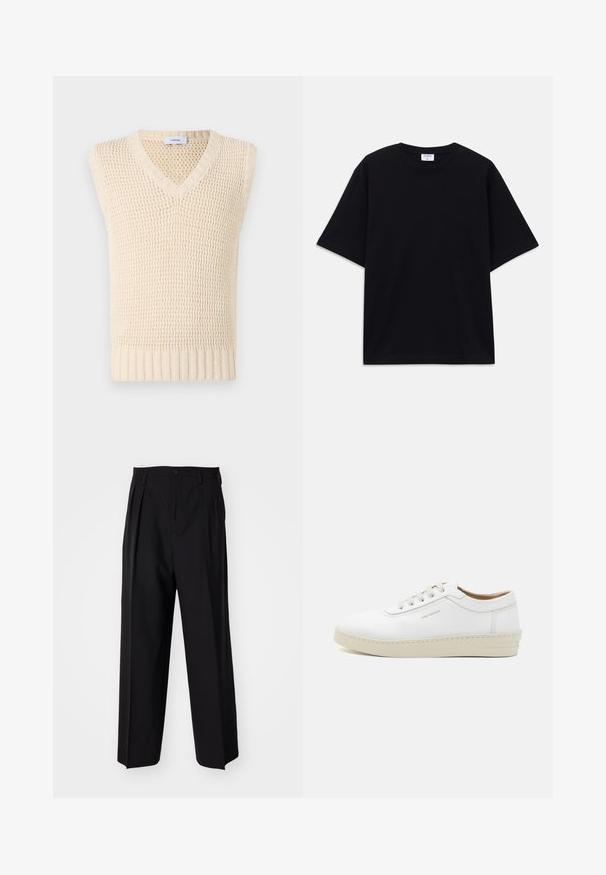 Krēmskrāsas adīts veste ar V veida kakla izgriezumu un bez piedurknēm. Tā iezīmējas ar teksturētu rakstu un ribotu apakšmalu, nodrošinot strukturētu pabeigtību.; Melns īsām piedurknēm oversize T-krekls ar apaļu kakla izgriezumu un redzamu Filippa K zīmola birku iekškaklā.; Melnas plisētās bikses ar taisnu, plata kāja dizainu. Izgatavotas no gludas auduma, ar pogu aizdari un jostas cilpiņām.; Baltas ādas sporta apavu pāris ar teksturētu virsmu, apaļu purngalu, bēša gumijas zoli un sešām pelēkām šņorēšanas acīm, ar diskrētām zīmola atzīmēm sānos.