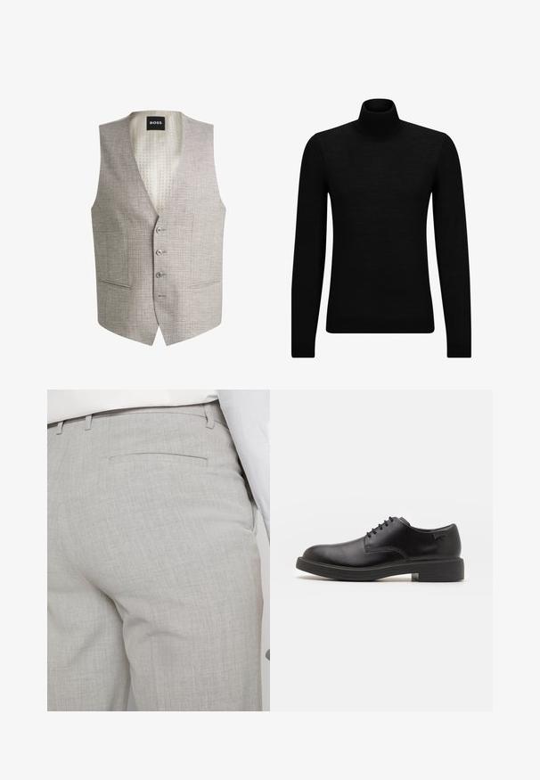 Jasnoszara kamizelka o teksturowanej tkaninie, z dekoltem w kształcie litery V, pięcioma guzikami i dwiema przednimi kieszeniami; podszewka w kremowym wzorze z napisem "BOSS."; Czarny sweter z golfem wykonany z miękkiego materiału, z długimi rękawami i dopasowanym krojem. Żebrowane wykończenie na dolnym brzegu i mankietach. Prosty design.; Jasnoszare, dopasowane spodnie wykonane z fakturowanej tkaniny, z pojedynczą tylną kieszenią i starannym przeszyciem.; Czarny skórzany but za kostkę z okrągłym noskiem, gładką fakturą, minimalnym przeszyciem i niskim gumowym obcasem. Logo na pięcie.