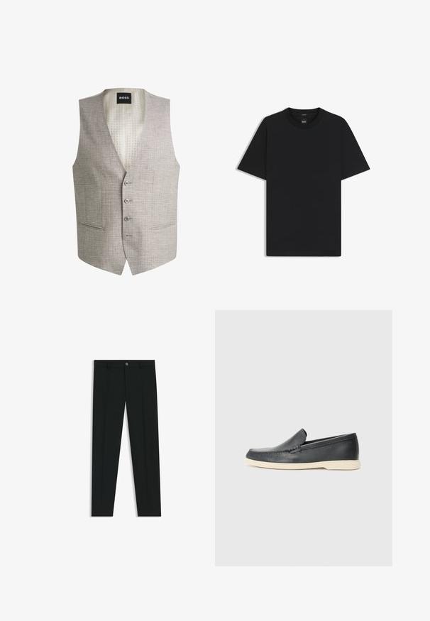 Hellgraue Weste aus strukturierter Stoff, mit V-Ausschnitt, fünf Knöpfen und zwei Taschen vorne; gefüttert mit einem cremefarbenen Muster, das "BOSS" zeigt.; Schwarz T-Shirt mit kurzen Ärmeln aus einem glatten Baumwollmix, mit Rundhalsausschnitt und einem minimalistischen Design ohne Muster oder Akzente.; Schwarze Anzughosen mit geradem Bein, aus glattem Stoff. Mit Knopfverschluss vorne und Gürtelschlaufen. Schlicht ohne Muster.; Schwarze Leder-Slipper mit strukturiertem Finish und einer kontrastierenden beige Gummisohle. Mit einem dezenten Akzent an der Vorderseite.